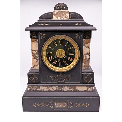 Grand Late Victorian Black Slate and Marble Inlaid Chiming Mantle Clock, Late 19th Century