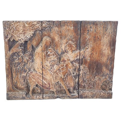 Antique Relief Carved Panel of Mary, Joseph and the Baby Jesus Travelling by Donkey to Nazareth