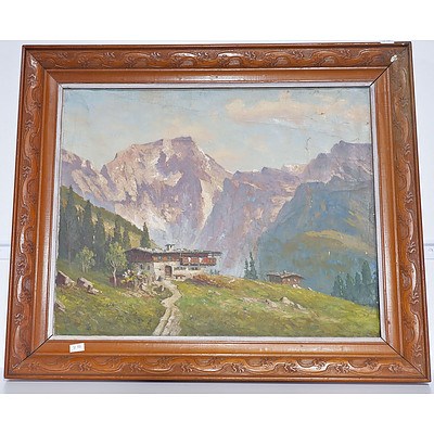 Swiss Alps Scene, Oil on Canvas, Signed Indistinctly Lower Left