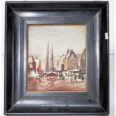 Antique European Winter Scene, Oil on Canvas, In Original Ebonized Frame