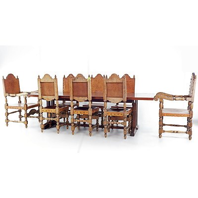 Vintage Spanish Renaissance Style Dining Suite with Tooled Leather and Brass Studs