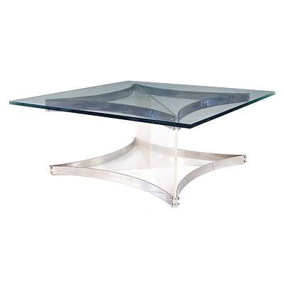 Substantial Glass Topped Coffee Table with Perspex and Chromed Metal Base