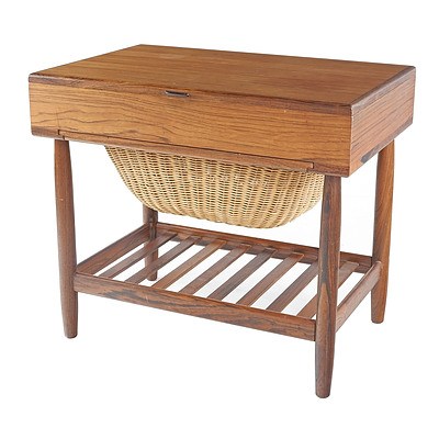 Danish Teak and Wicker Sewing Table Designed by Ejvind Johansson