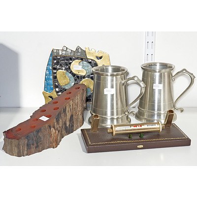 Artex Desk Calendar, Redgum Pen Stand, Pair Pewter Tankards And Mexican Glass And Brass Dish