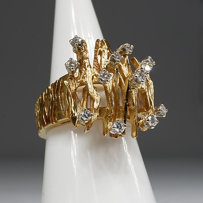 18ct Yellow Gold Abstract Diamond Ring, Circa 1970s, 11g