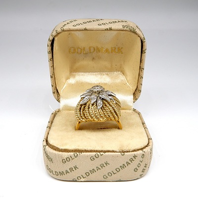 18ct Yellow and White Gold Ring with Diamond Set White Gold Flower on a Twisted Wire Dome, Circa 1970s 11.8g