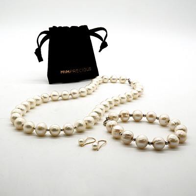 Freshwater Pearl Necklace with Matching Bracelet, and Pair of 10k Gold and Pearl Earrings