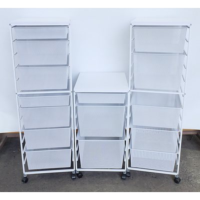 Three White Mesh Storage Drawers on Wheels
