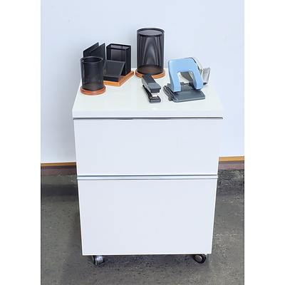 White and Chrome Office Drawers with Assorted Stationary