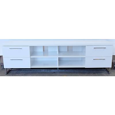 KD Furniture Gloss White Four Drawer TV Unit With Chrome Feet and Handles