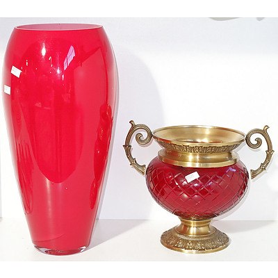 Tall Art Glass Vase and Gilt Metal and Cut Glass Urn