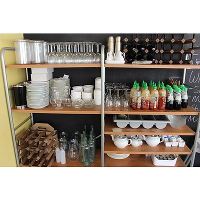 Two Bays of Shelving with Crockery, Cutlery and Glassware