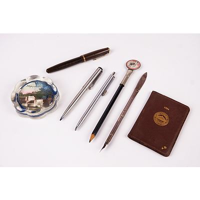 Parker Fountain and Ballpoint Pens and a Shepparton Glass Paperweight Etc