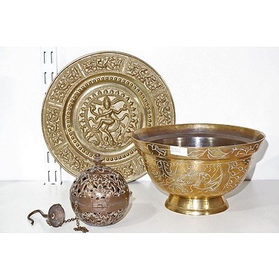 Various Eastern Brassware, Including Indian Repousse Decorated Dish with Dancing Shiva, Dragon Bowl etc