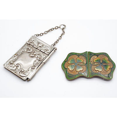 Gilt Brass and Enamel Art Nouveau Clover Pattern Belt Buckle and Nickle Silver Aide Memoire