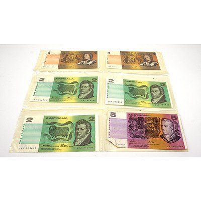 Various Australian Paper Banknotes, Including Fraser/ Cole $5, Three Fraser/ Johnston $2 and Two Johnston/ Stone $1 Notes