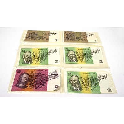 Various Australian Paper Banknotes, Including Fraser/ Cole $5, Three Fraser/ Johnston $2 and Two Johnston/ Stone $1 Notes
