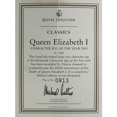 Limited Edition Royal Doulton Queen Elizabeth I Character Jug with Certificate, Signed, D7180 