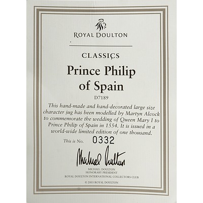 Limited Edition Royal Doulton Prince Philip of Spain Character Jug with Certificate, Signed, D7189 