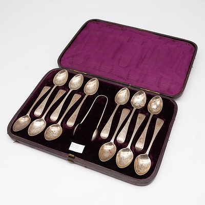 Victorian Sterling Silver Teaspoon and Tongs Set, London, John Aldwinckle & James Slater, 1883, 126g