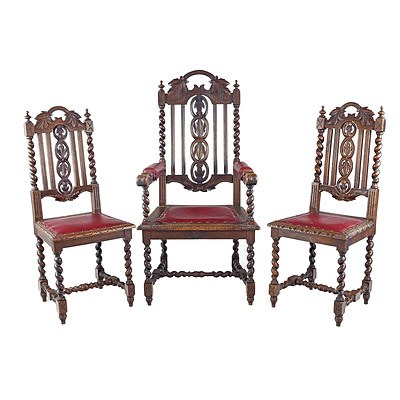 Three Oak Jacobean Revival Chairs, Circa 1920