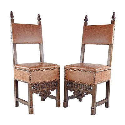 Pair Studded Leather Renaissance Inspired High Back Hall Chairs, Early 20th Century