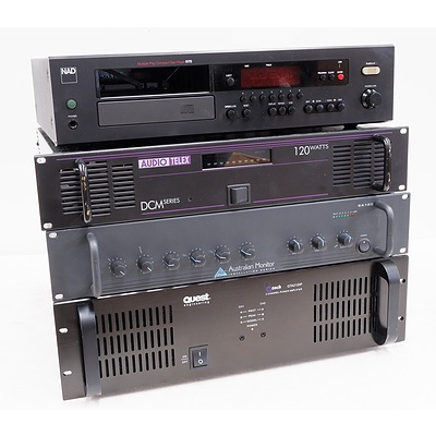 Australian Monitor SA120 Amplifier, Audio Telex DCM120 Amplifier, Quest Engineering QTA2120P Amplifier and NAD Multiple Play Compact Disc Player