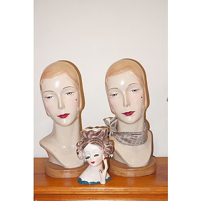 Two Contemporary Deco Style Hollow Moulded Painted Resin Hat Stands and Reproduction Ceramic Head Vase