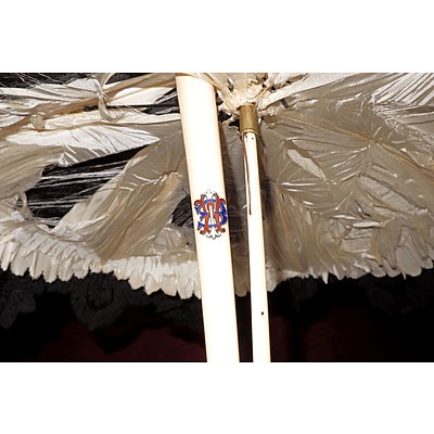 Antique Ladies Ivory and Lace Folding Parasol with Enamelled Brass Monogram
