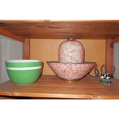 Large Decorative Asian Vase and Bowl, and Fowlerware Mixing Bowl