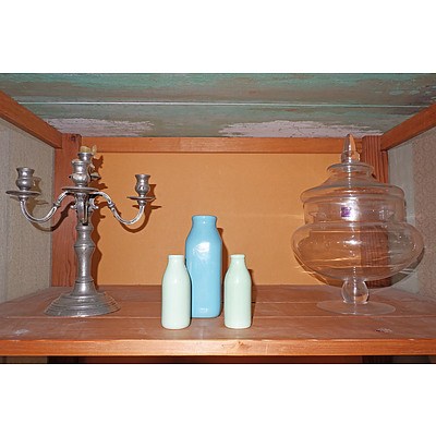 Pewter Candelabra, Large Glass Lidded Jar and Three Contemporary Ceramic Vases