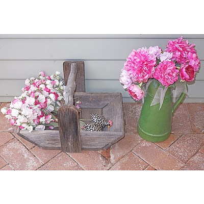 Rustic Wooden Basket and Pottery Jug with Silk Flowers
