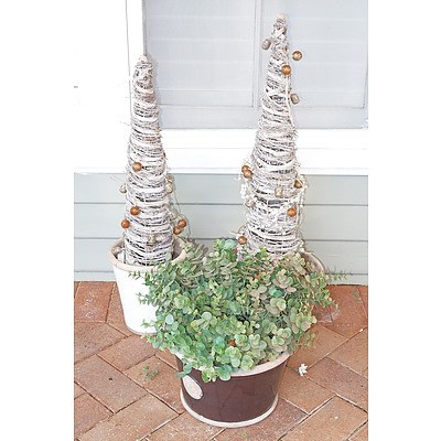 Two Rustic Christmas Trees with Faux Potted Plant