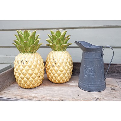 Metal Jug, Two Pottery Pineapples and a Wooden Duck