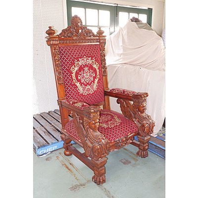 Massive Classical Style Carved Throne Chair with Winged Caryatid Forelegs, Modern
