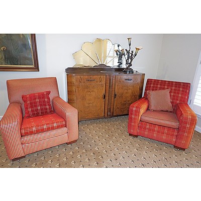 Lovely Pair of Original Club Chairs, Reupholstered in Mirror Image