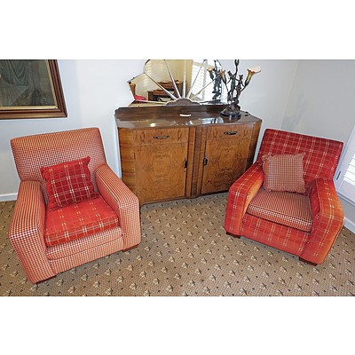 Lovely Pair of Original Club Chairs, Reupholstered in Mirror Image