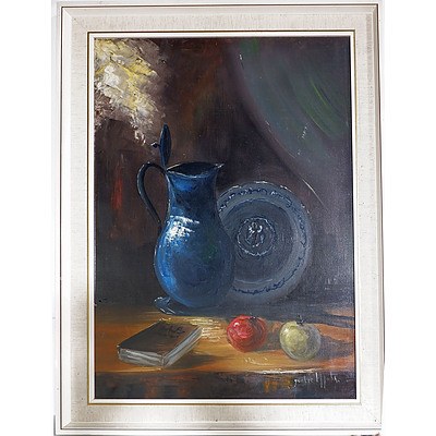 Still Life with Jug, Oil Canvas, Signed Indistinctly Lower Right 