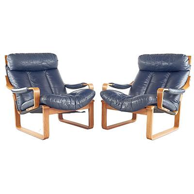 Pair of Tessa Blue Leather Upholstered Armchairs Designed by Fred Lowen