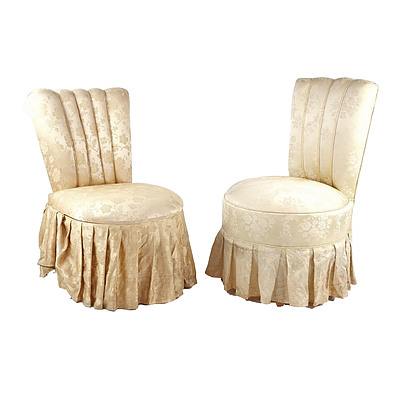 Near Pair of Vintage Satin Brocade Upholstered Bedroom Chairs