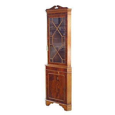 Yew Wood Veneered Georgian Style Corner Cabinet with Astragal Glazing, 20th Century