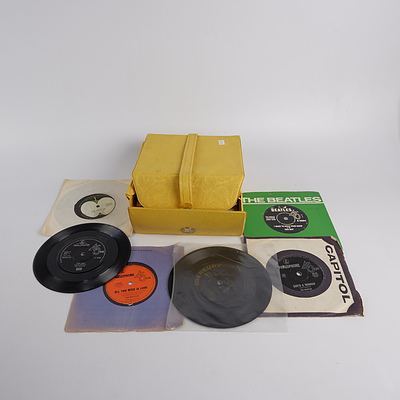 Quantity of Approximately 25 Vinyl 7 Inch LP Records Including The Beatles, Elvis and More in Soft Case