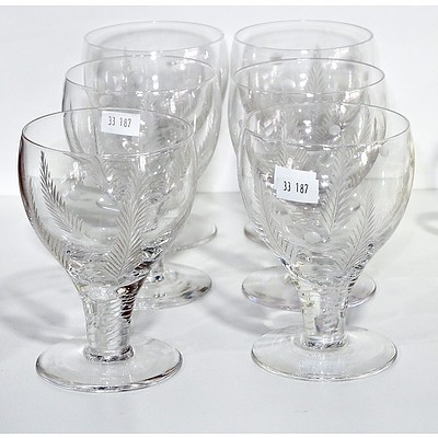 Six Stuart Crystal Engraved Fern Pattern Glasses