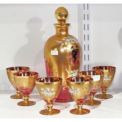 Vintage Venetian Decanter With Six Gilt And Ruby Glasses