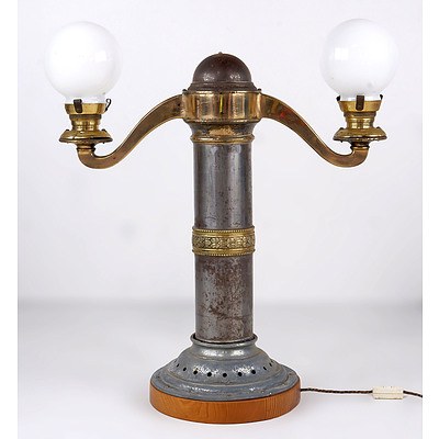 Original Red Rattler Steel and Brass Railway Lamp, Later Converted to an Electric Table Lamp
