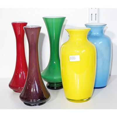 Five Various Retro Coloured Glass Vases
