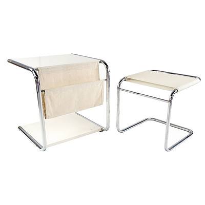 Vintage Modernist Chromed Tubular Steel and Laminate Side Table with Integral Magazine Sling, plus a Stool with Cord Seat (2)