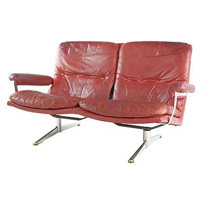 Vintage Danish Two Seater Leather and Chromed Steel Framed Sofa