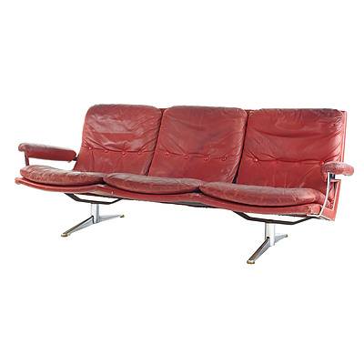 Vintage Danish Three Seater Leather and Chromed Steel Framed Sofa