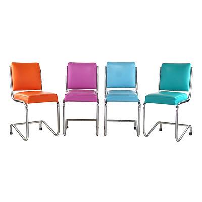 Four Vintage Chrome and Vinyl Upholstered Cantilever Dining Chairs (4)